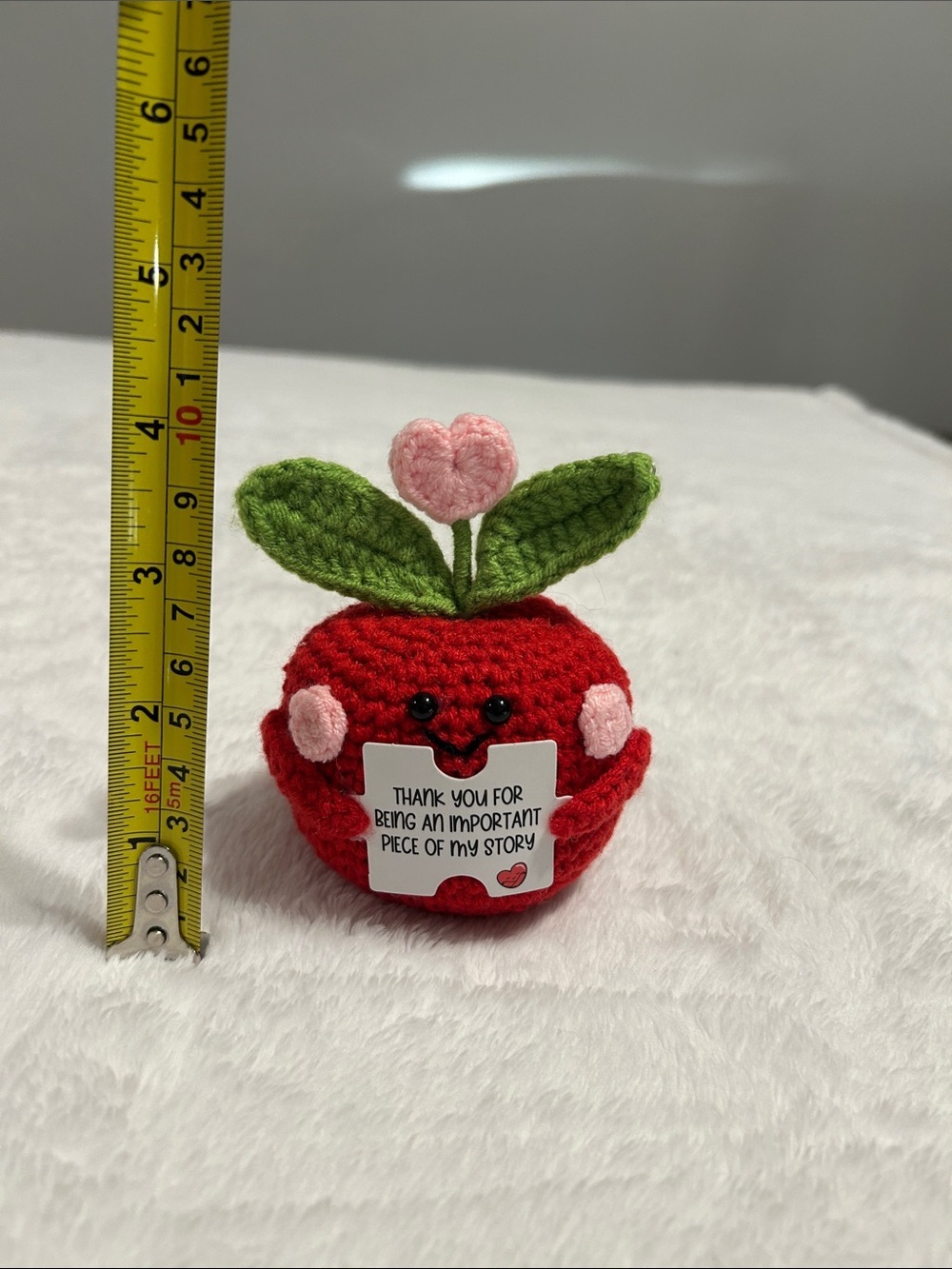 Handmade Red Crochet Apple Plush with Pink Heart Accent. Emotional gift. - Picture 2 of 6
